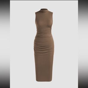 Cider brand high-neck ruched midi dress, size 10, brown.